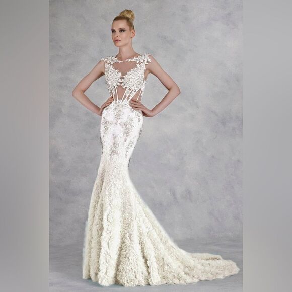 Janique Womens Bridal Wedding  Corset Beaded Trumpet Gown Ivory - Picture 1 of 16
